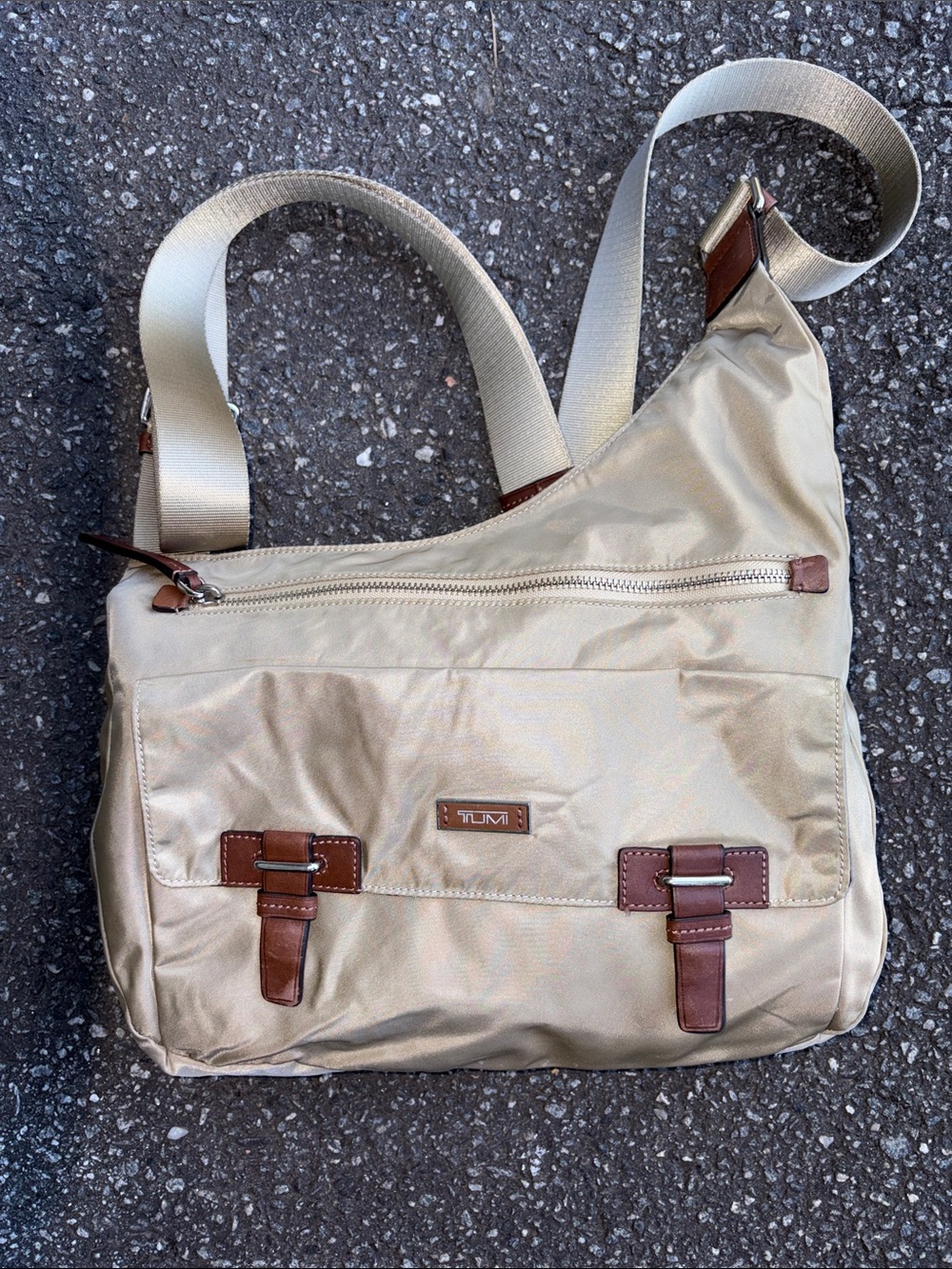 Tumi Beige Messenger Bag with Brown Leather Trim